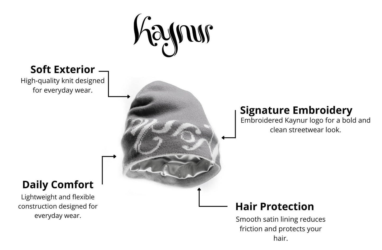 Kaynur Beanie with Satin Lining – Grey